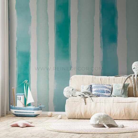 Teal Watercolor Stripes Wallpaper | Stylish Abstract Decor - Picture 1 of 7